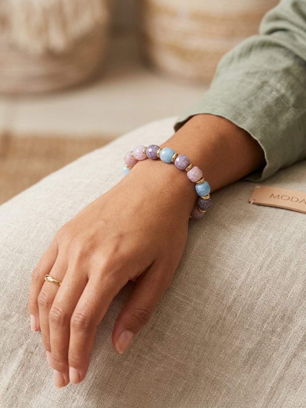 Designs by Forte Pastel Crackle Bead Stretch Bracelet Gold Accents Boho